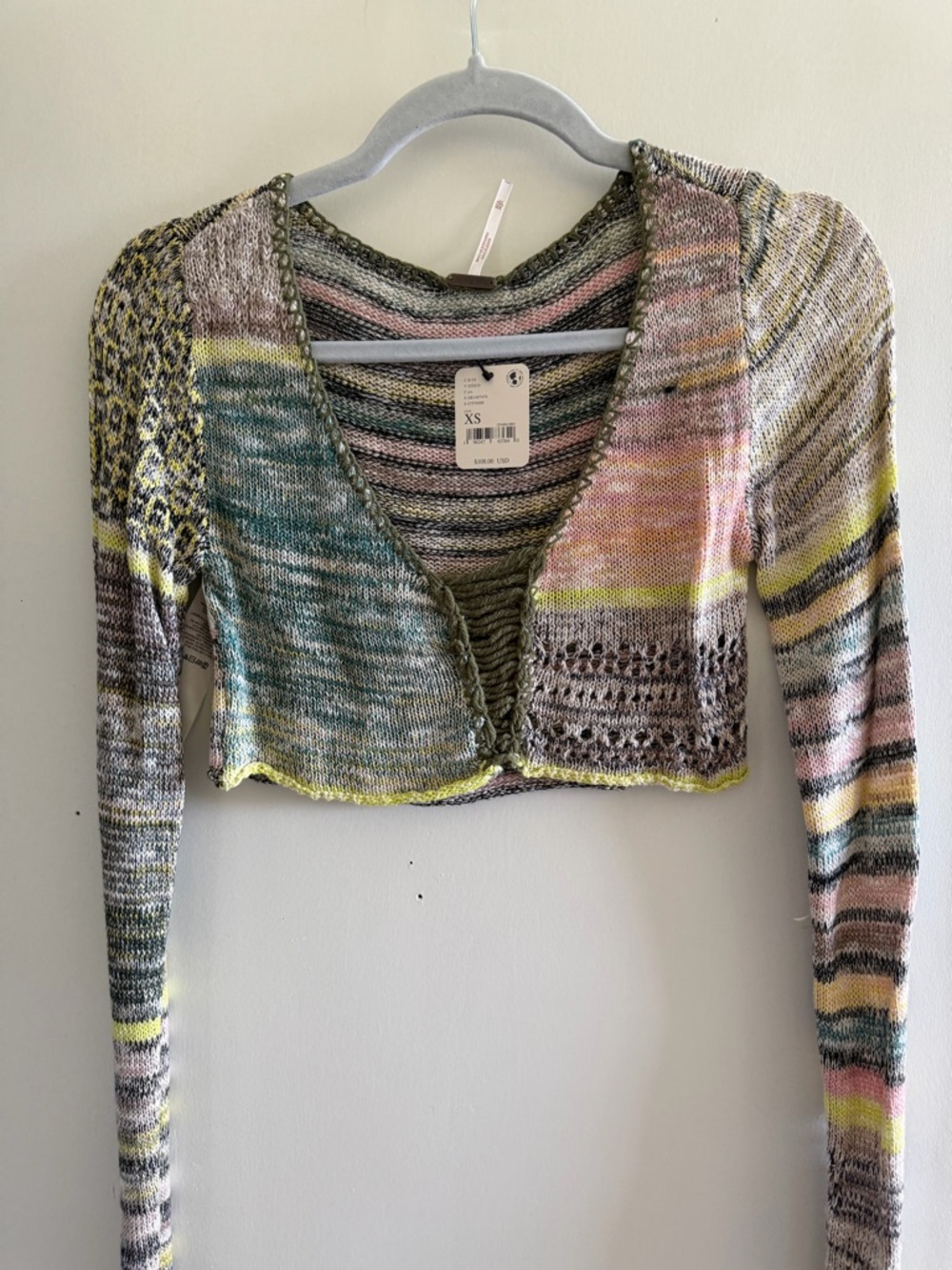 Free People Multistripe Cropped Knit Cardigan in Pastel Mix